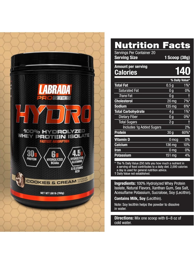 LABRADA Lab ProSeries Hydro 100% Hydrolyzed Whey Protein Isolate 1.68lb Cookies & Cream - Image 3